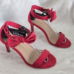 Torrid Wide Pumps Womens Sz 8.5 W Red Sexy Heels Bow Ankle Strap Faux Suede 3" H